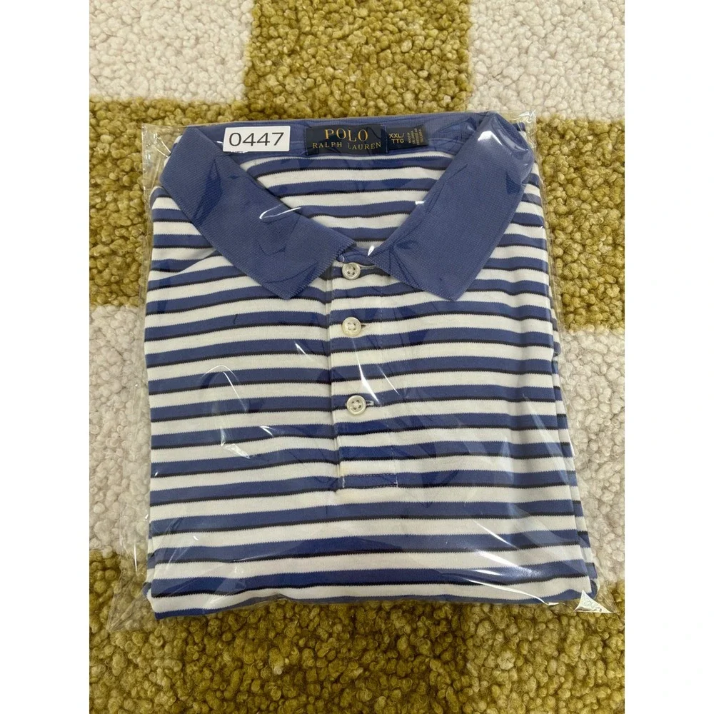 Polo Ralph Lauren Mens XXL Blue White Striped Short Sleeve Cotton Polo Shirt